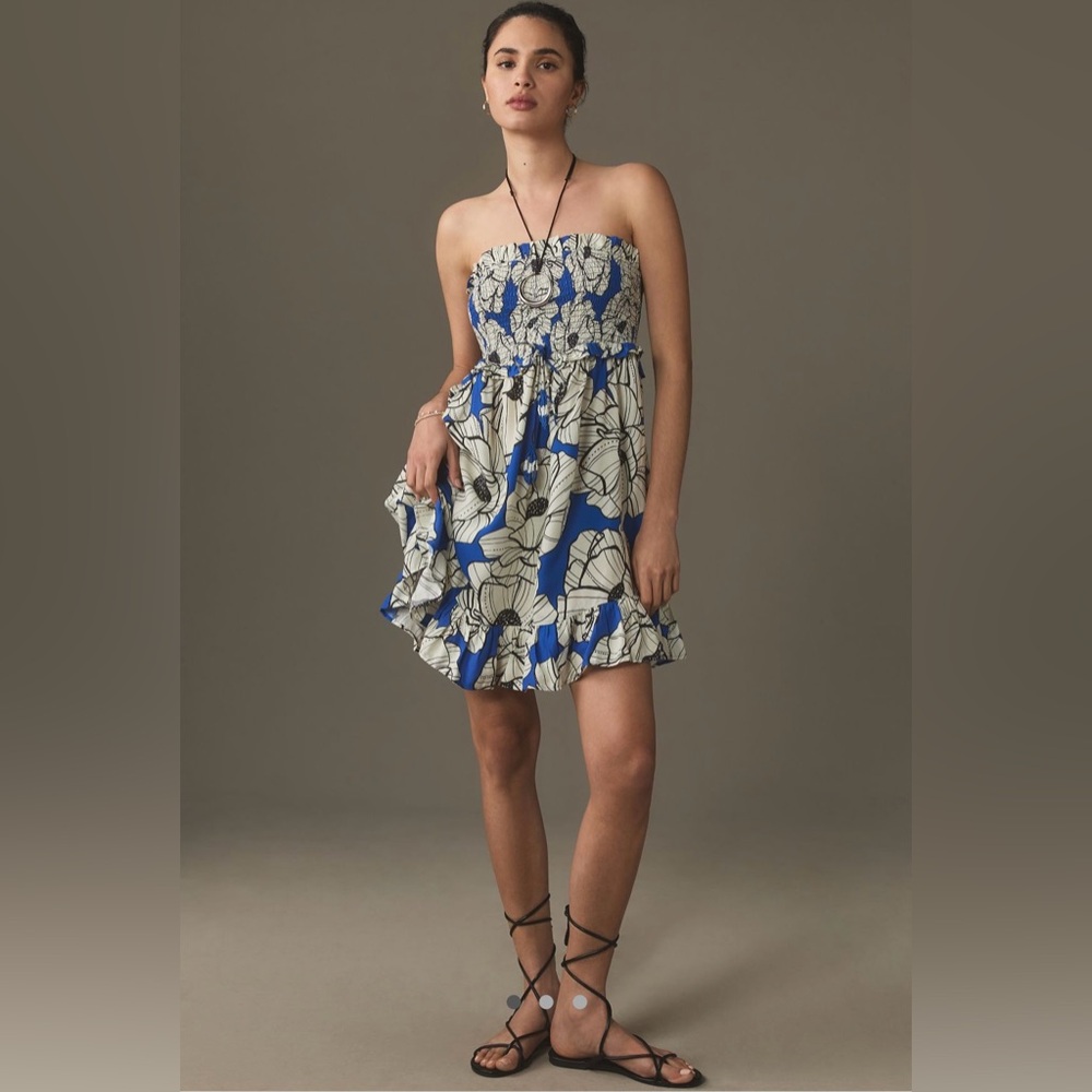 Farm Rio Strapless Smocked Ruffle Mini Dress